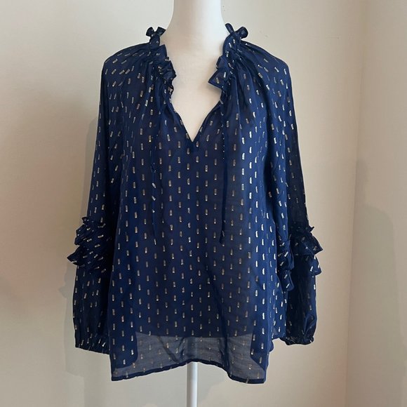 Vinyard Vines NWT navy blue and gold top blouse XS Lurex deep bay - Picture 7 of 9